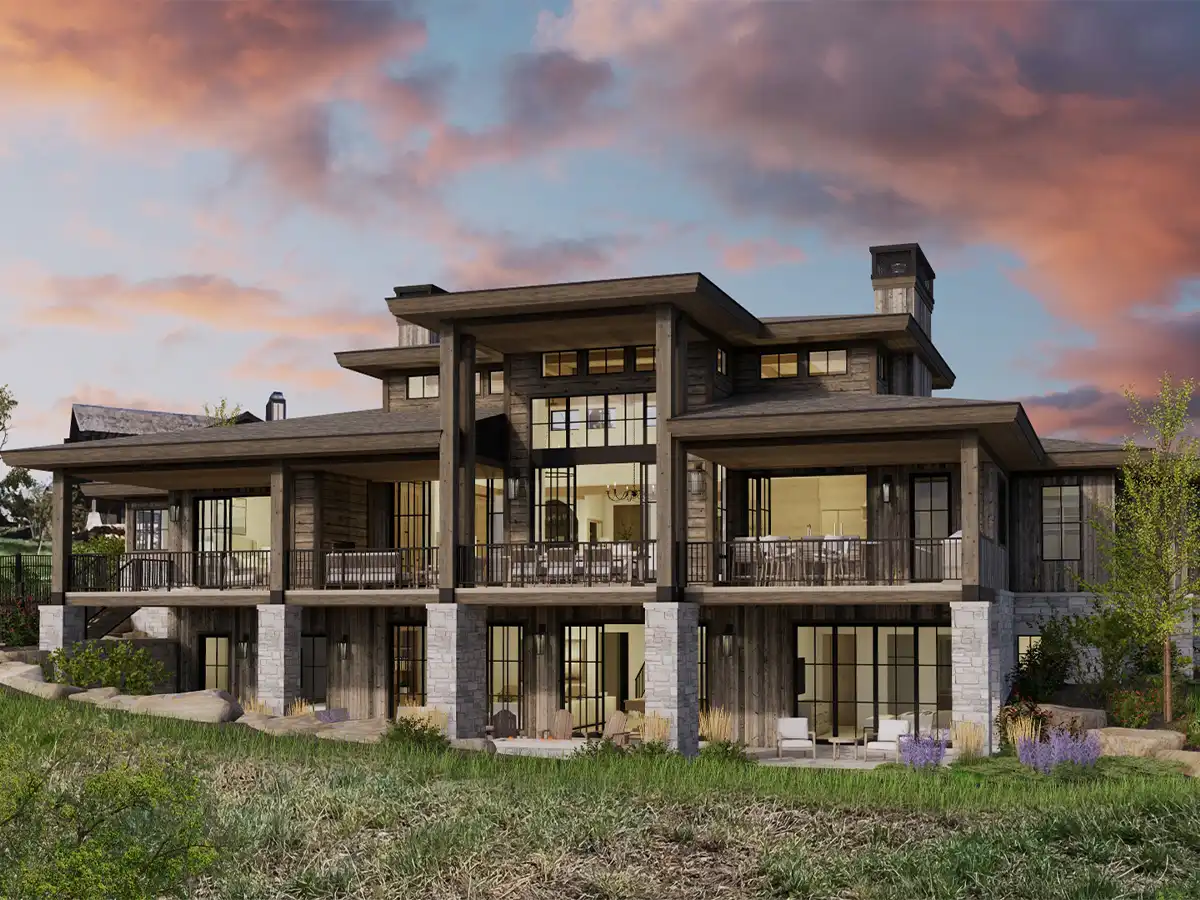 Rendering of the Terrene Residence’s back exterior, with covered decks, stone columns, and a walkout lower-level patio.